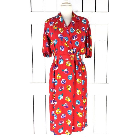 Vintage Liz Claiborne red floral short sleeve midi dress 10 - Picture 2 of 7